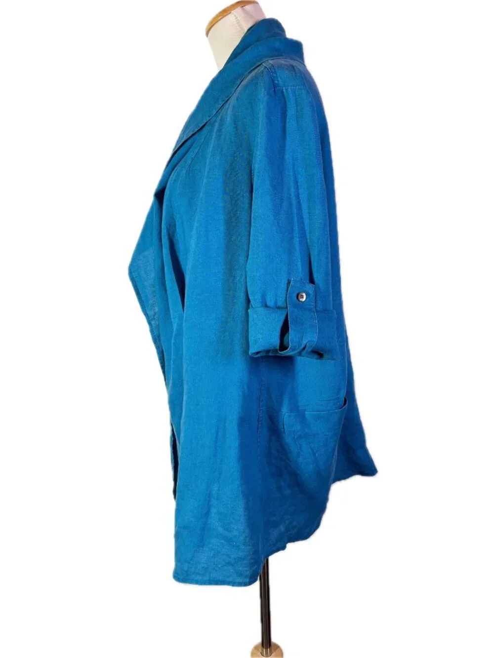 Soft Surroundings Size M Teal Linen Hooded Jacket Open-Front Roll-Tab Sleeves